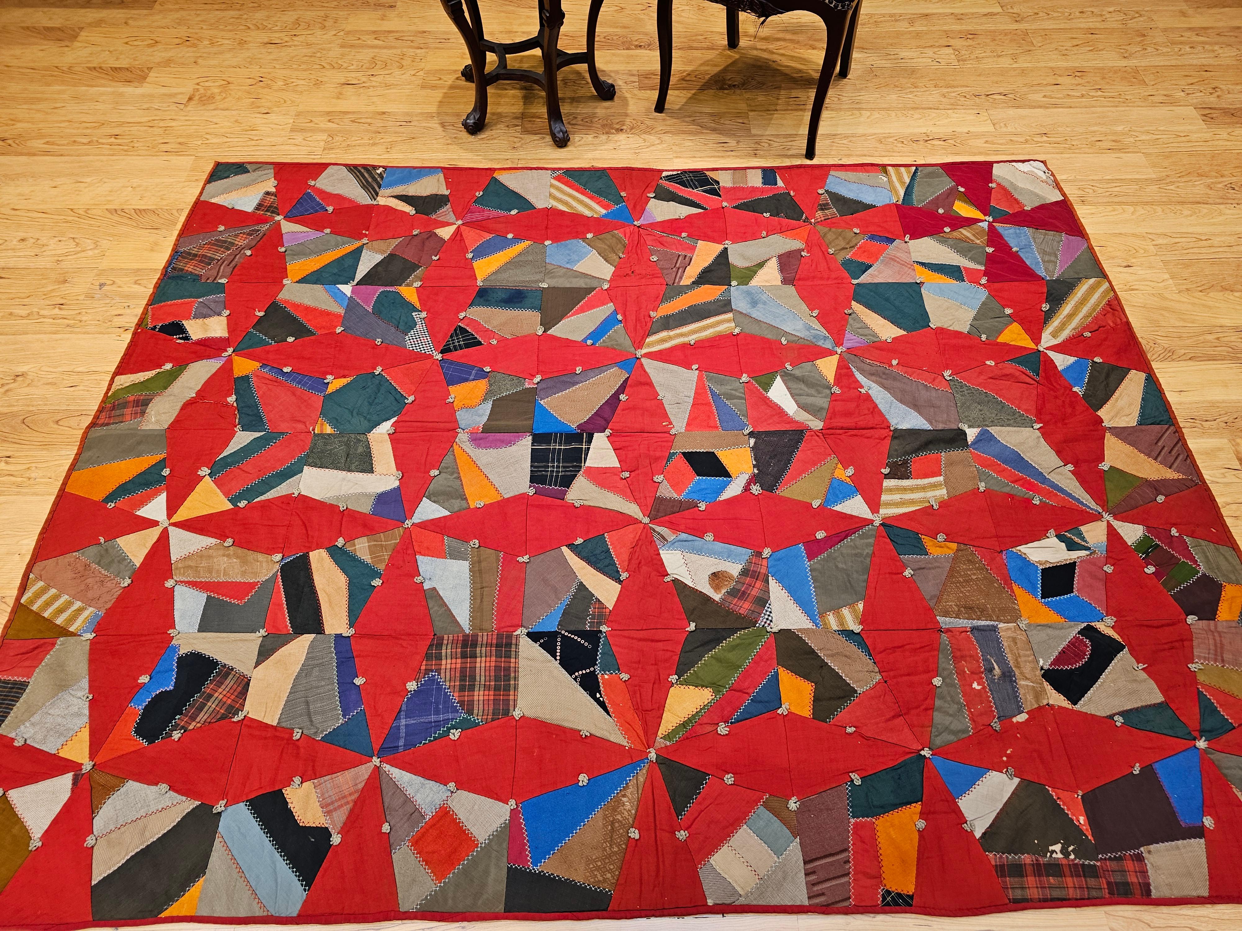 19th Century American Crazy Quilt with Red Stars For Sale 14