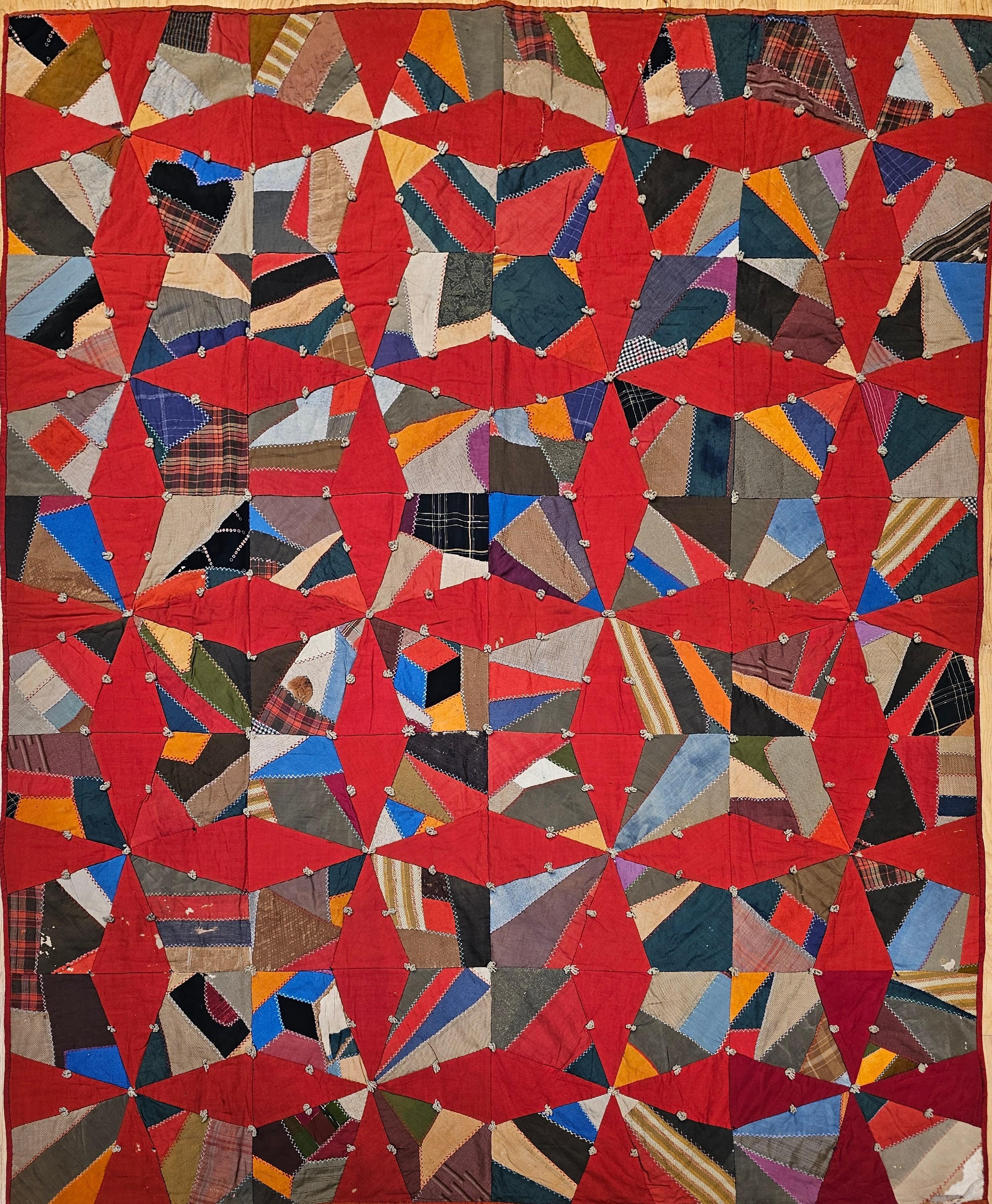 Hand-Crafted 19th Century American Crazy Quilt with Red Stars For Sale