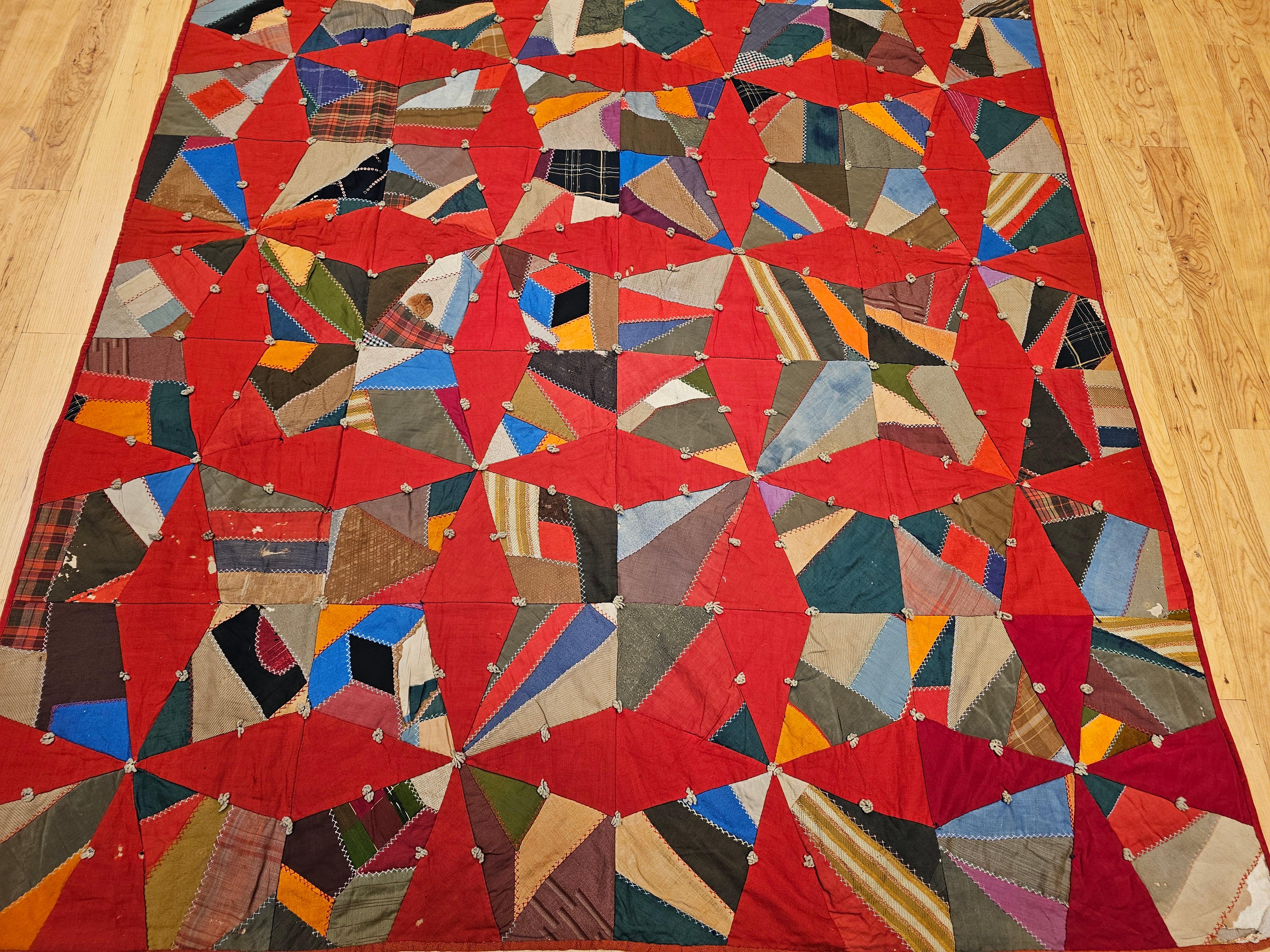 19th Century American Crazy Quilt with Red Stars In Good Condition For Sale In Barrington, IL