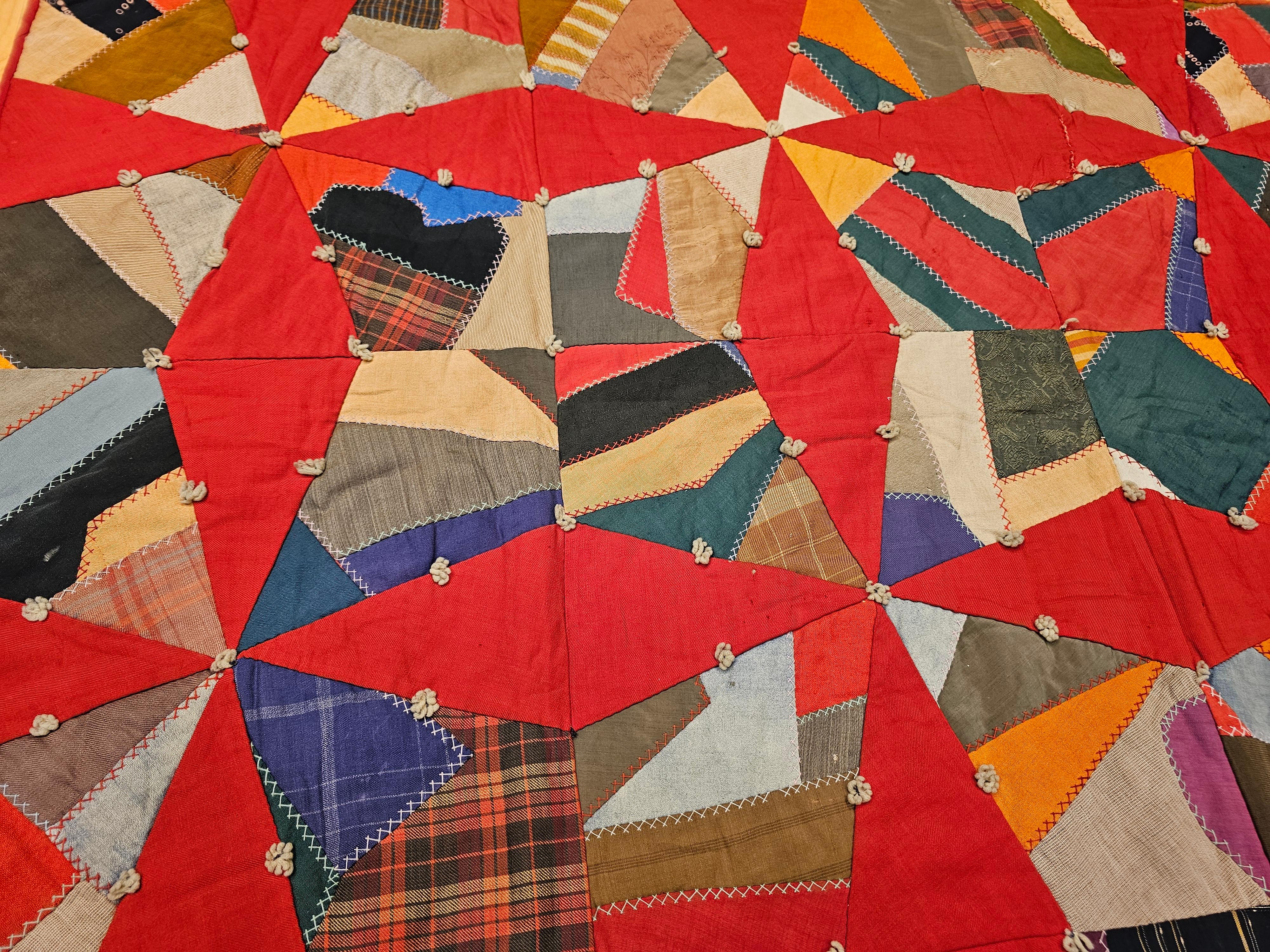 19th Century American Crazy Quilt with Red Stars For Sale 2