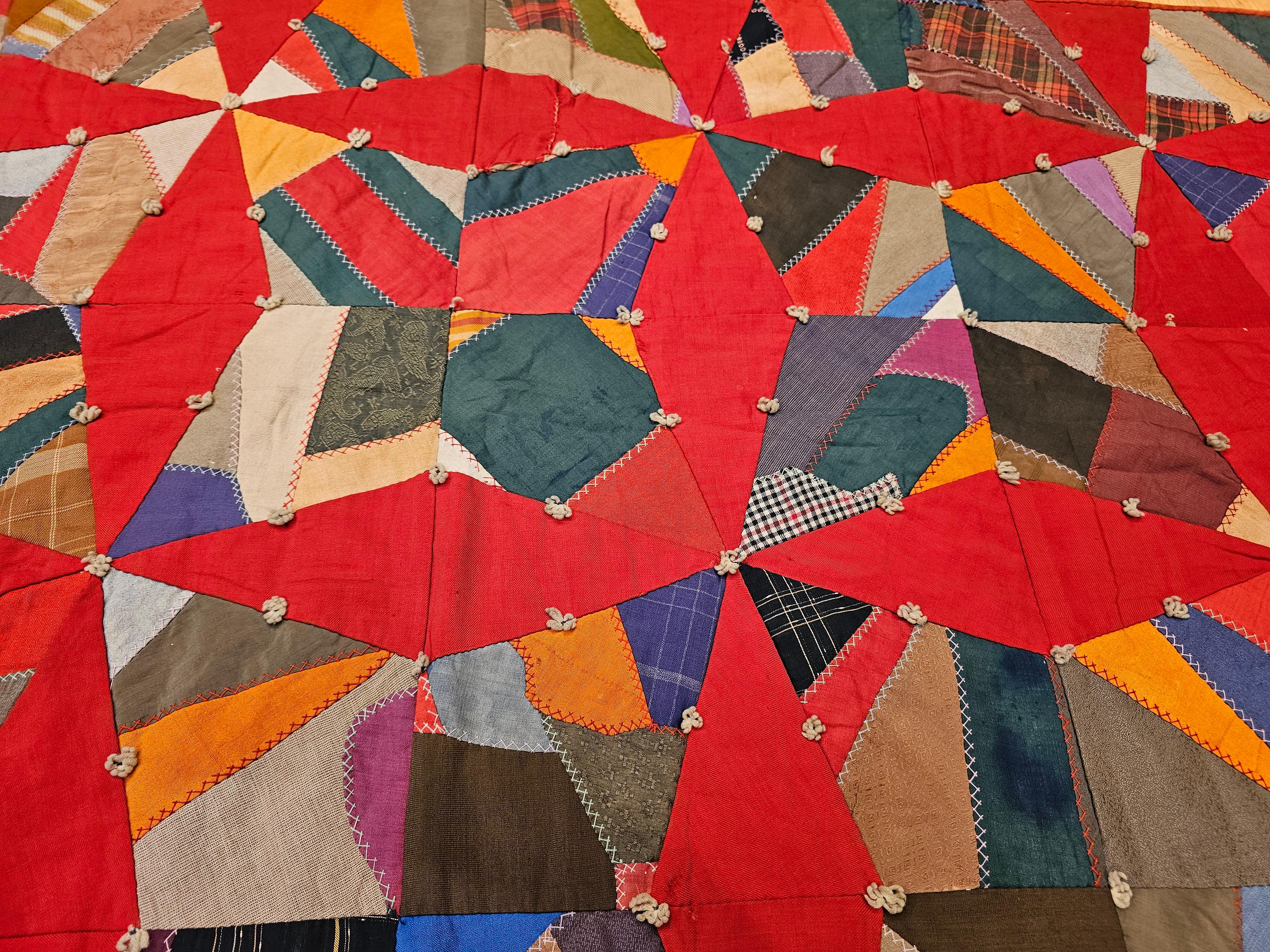 19th Century American Crazy Quilt with Red Stars For Sale 3