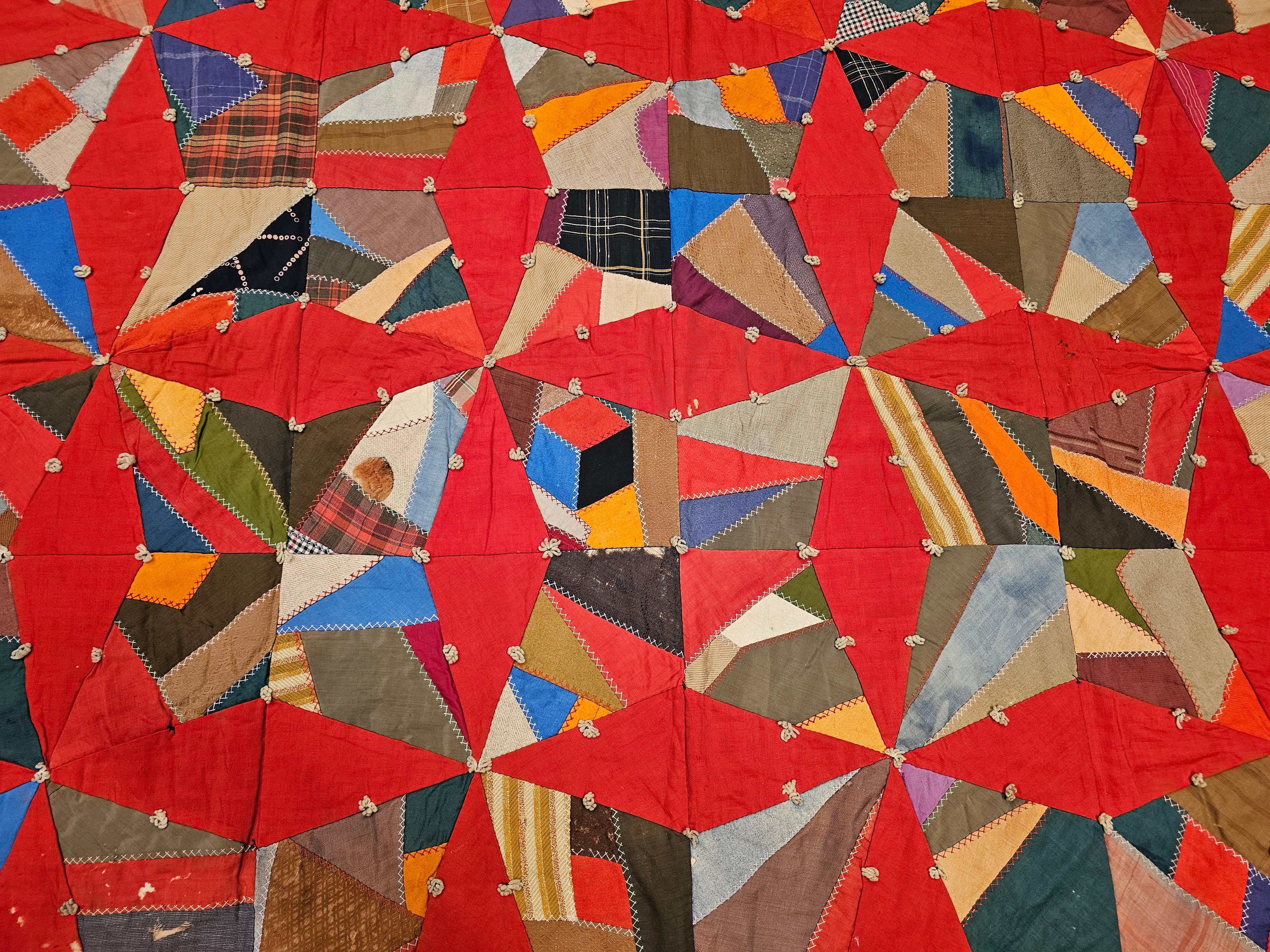 19th Century American Crazy Quilt with Red Stars For Sale 4