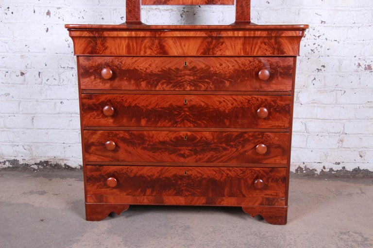 19th Century American Empire Flame Mahogany Dresser with Mirror at 1stDibs