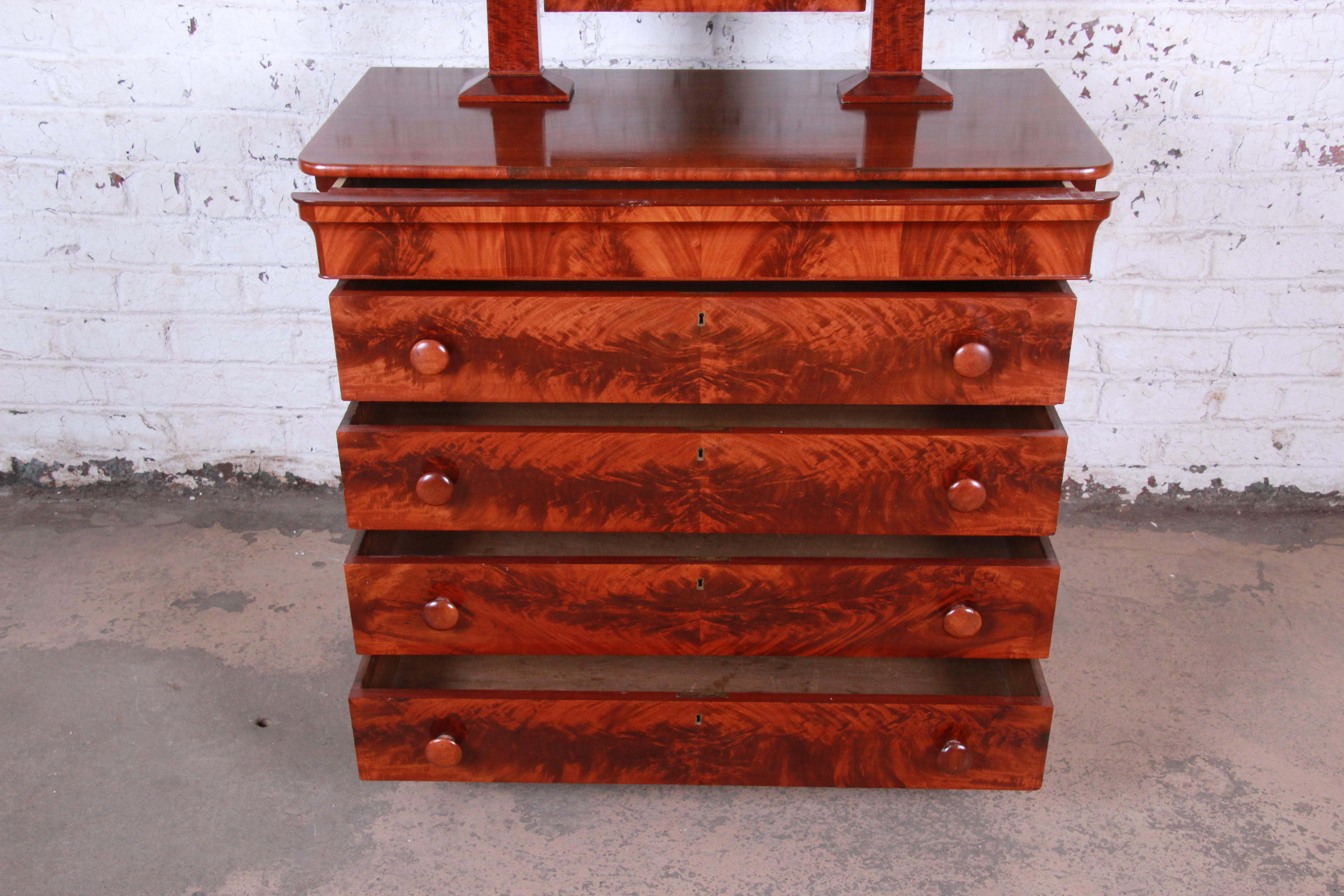 Victorian 19th Century American Empire Flame Mahogany Dresser with Mirror