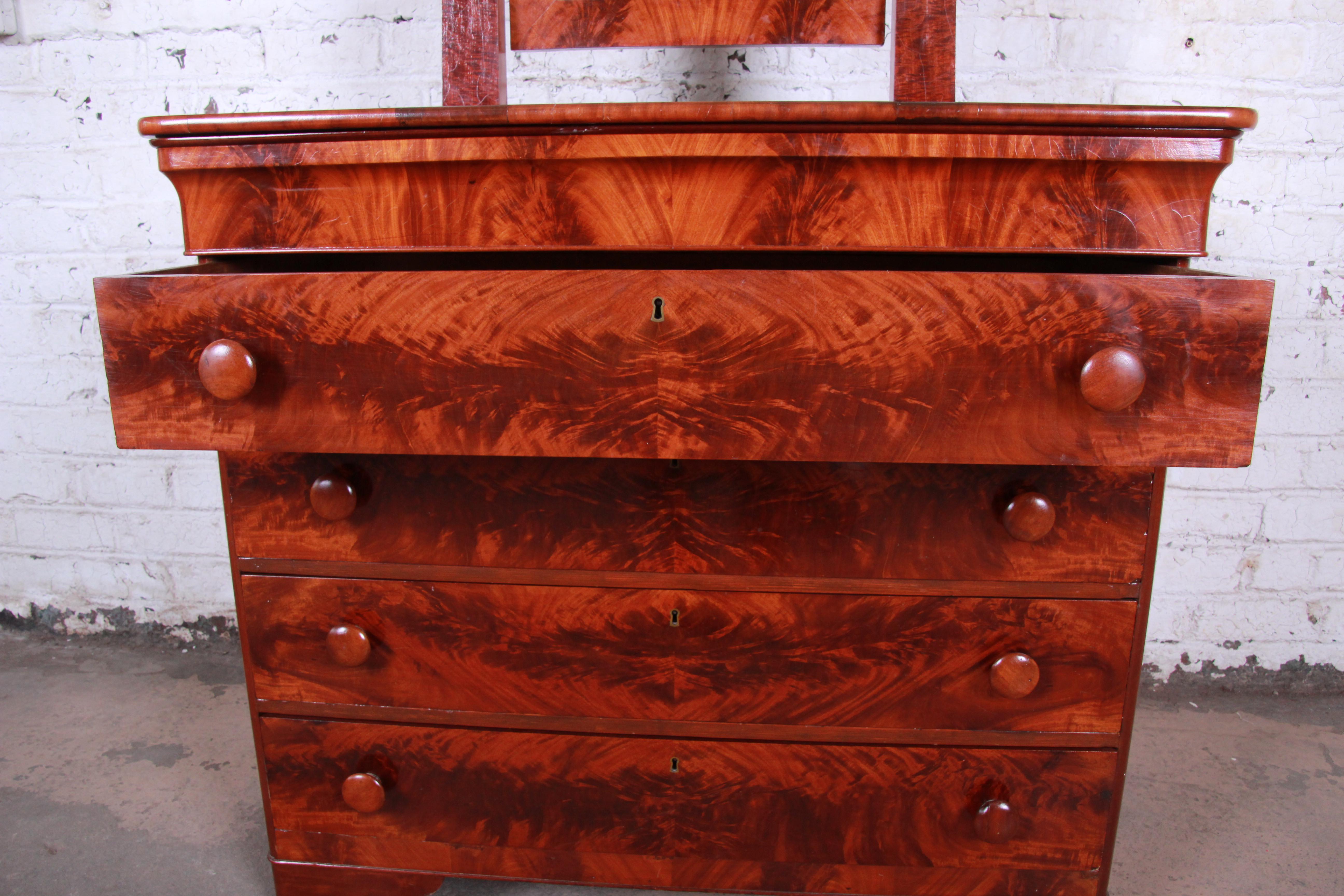 19th Century American Empire Flame Mahogany Dresser with Mirror 1
