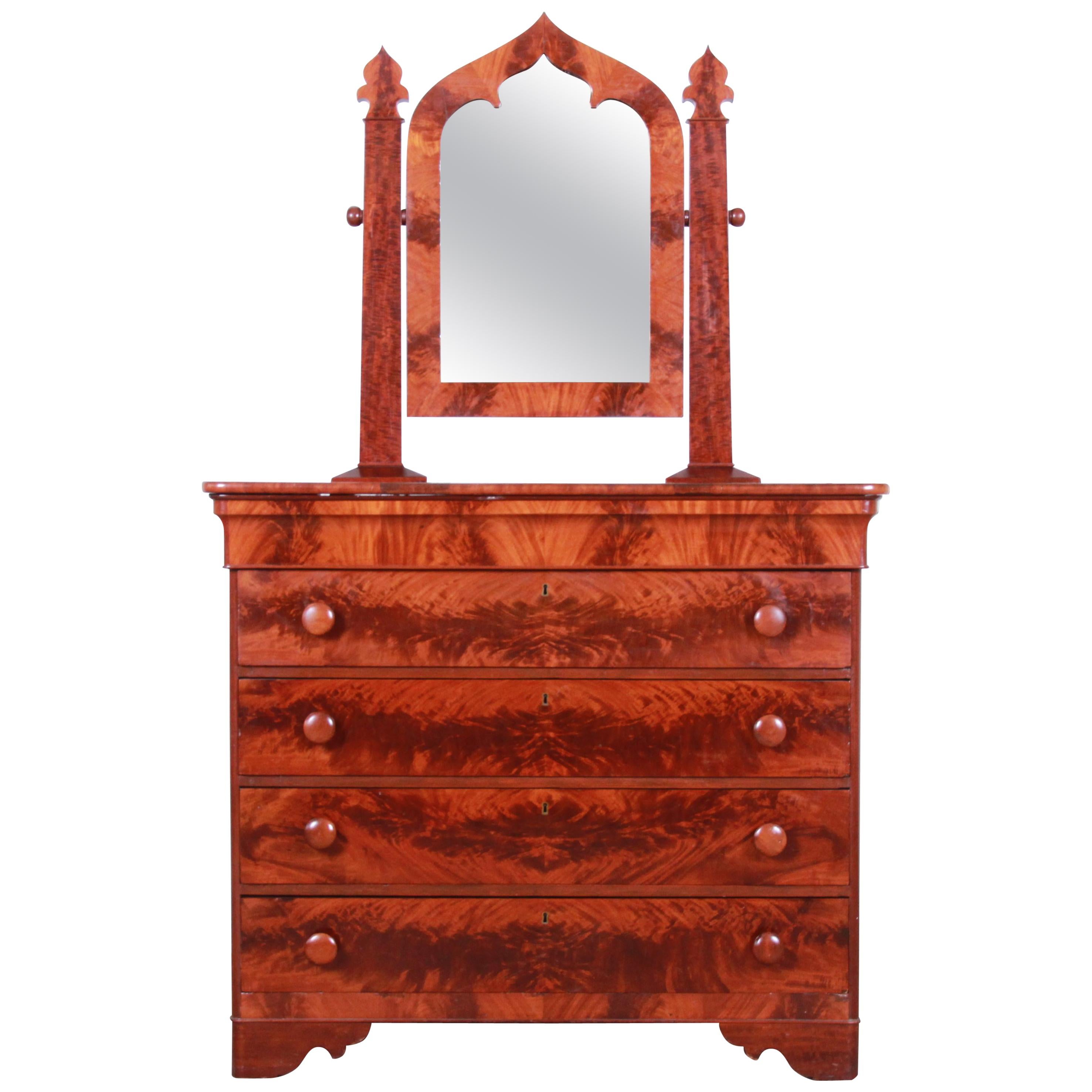 19th Century American Empire Flame Mahogany Dresser with Mirror