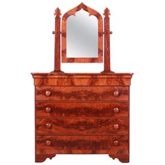 Antique 19th Century American Empire Flame Mahogany Dresser with Mirror