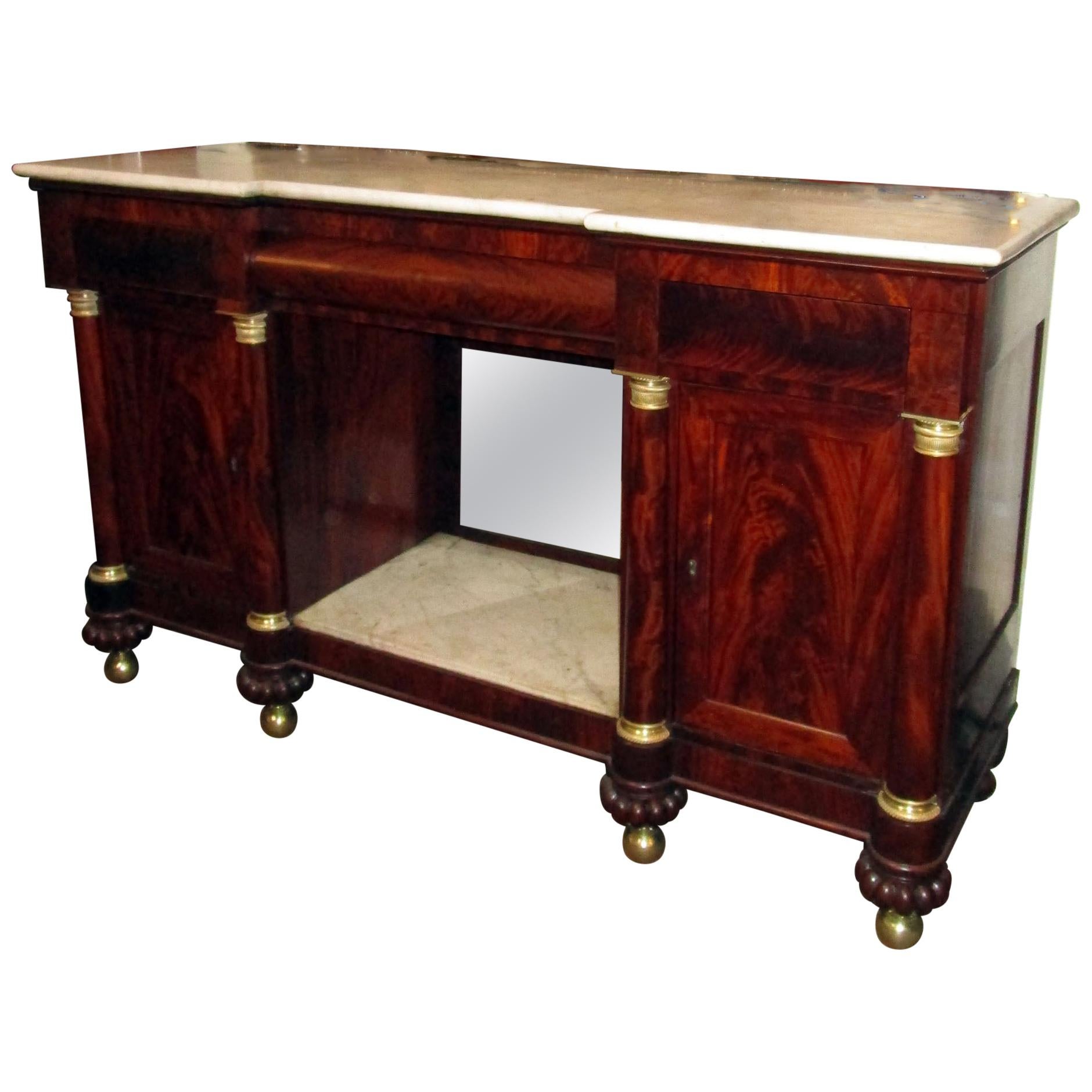 19th Century American Empire Flame Mahogany Sideboard Marble Top and Insert