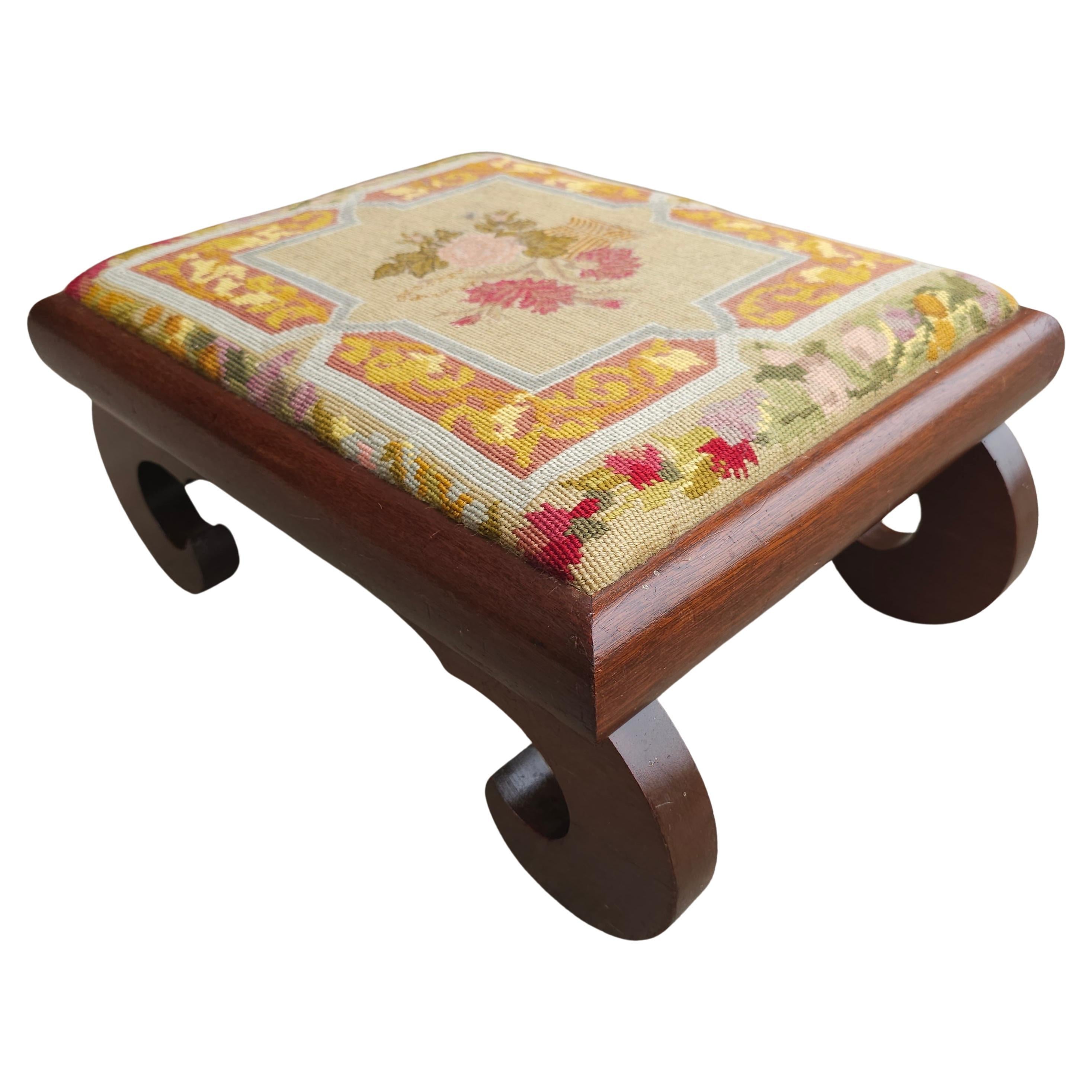 Mahogany 19th Century American Empire Magogany and Needlepoint Upholstered Foot Stool For Sale