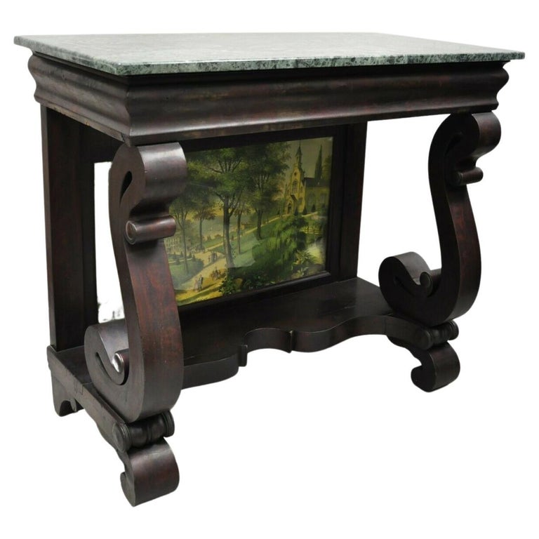 19th Century American Empire Mahogany Green Marble Top Console Hall Table For Sale