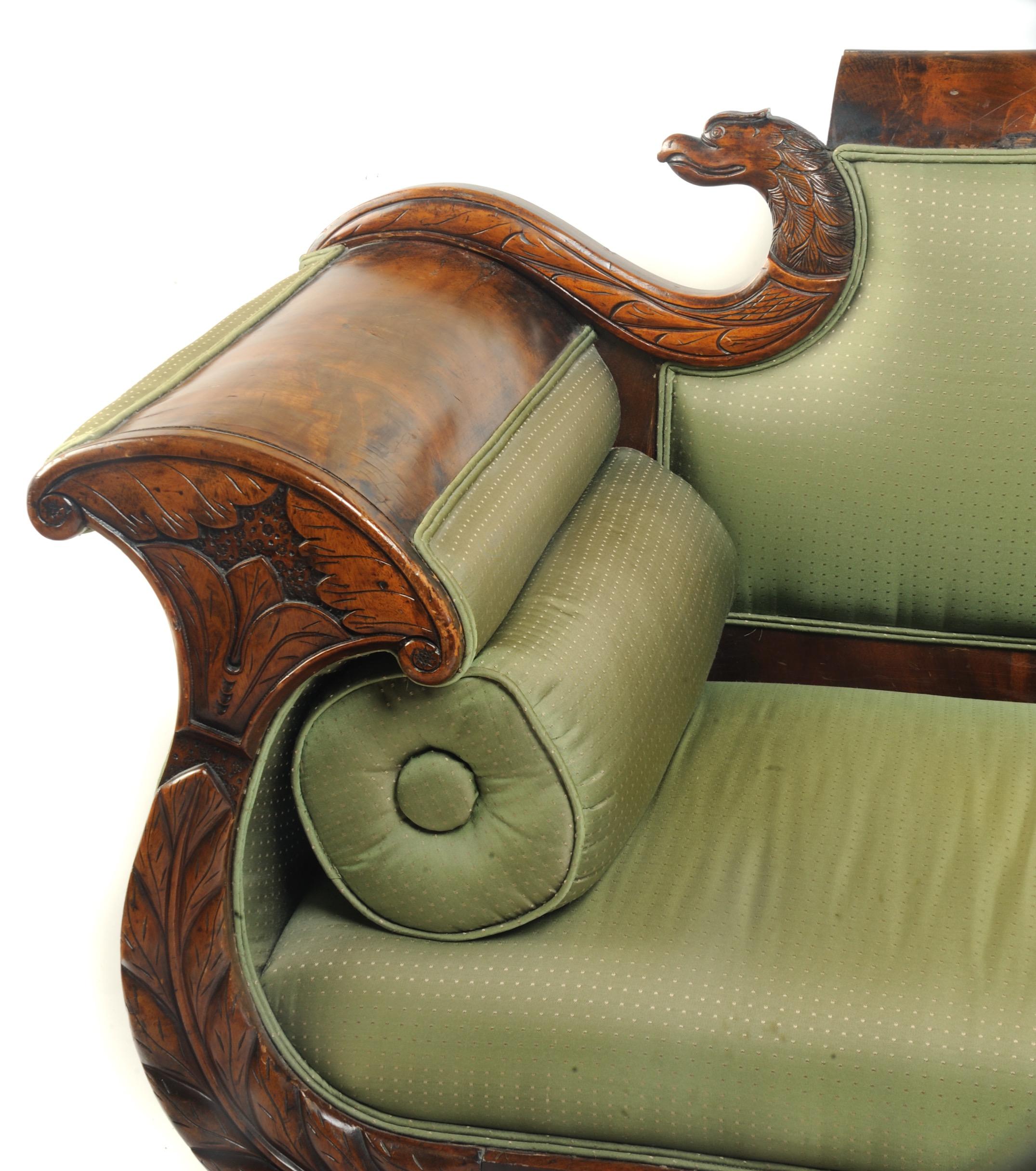 Hand-Carved 19th Century American Empire Sofa with Carved Eagle Heads and Hair Paw Feet