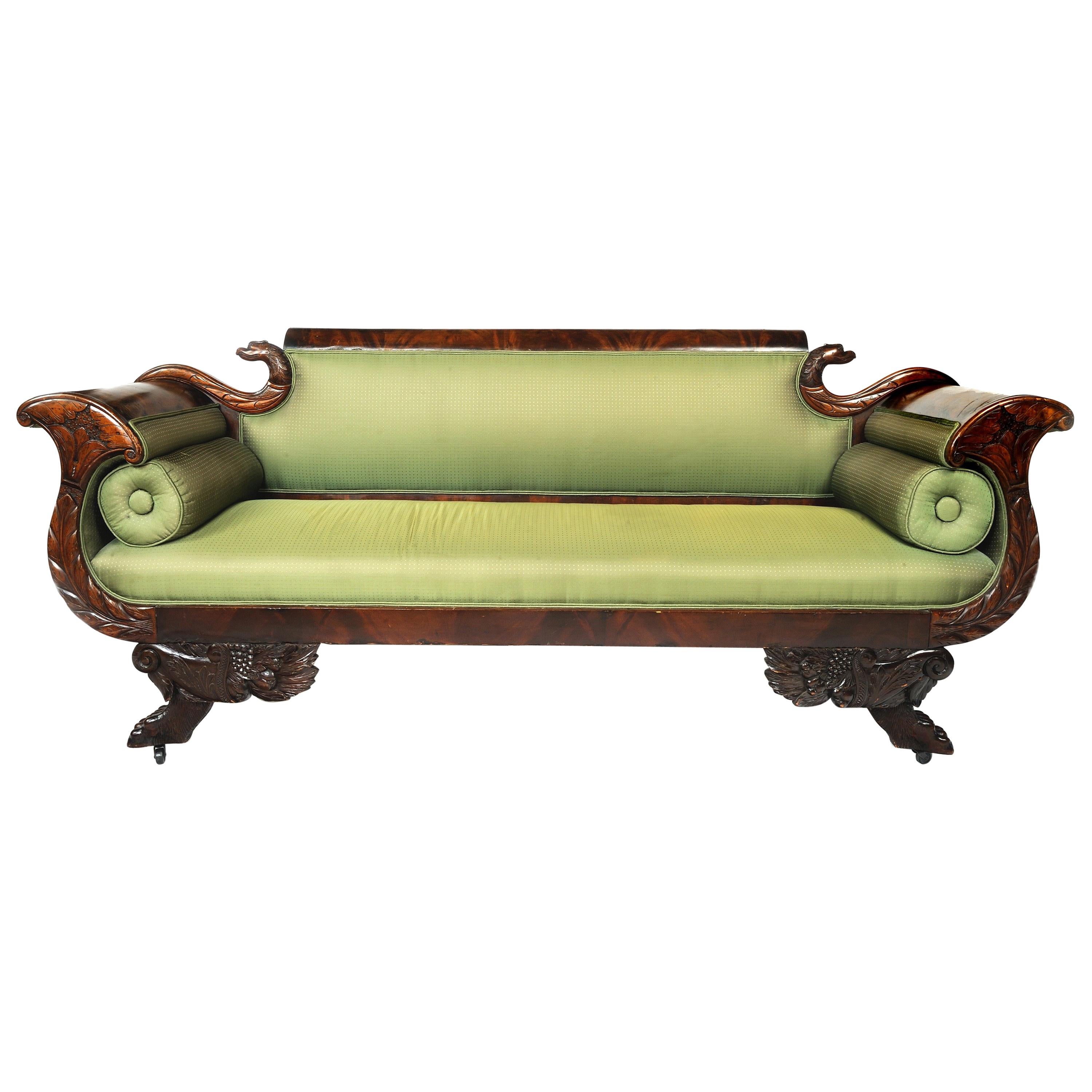 19th Century American Empire Sofa with Carved Eagle Heads and Hair Paw Feet