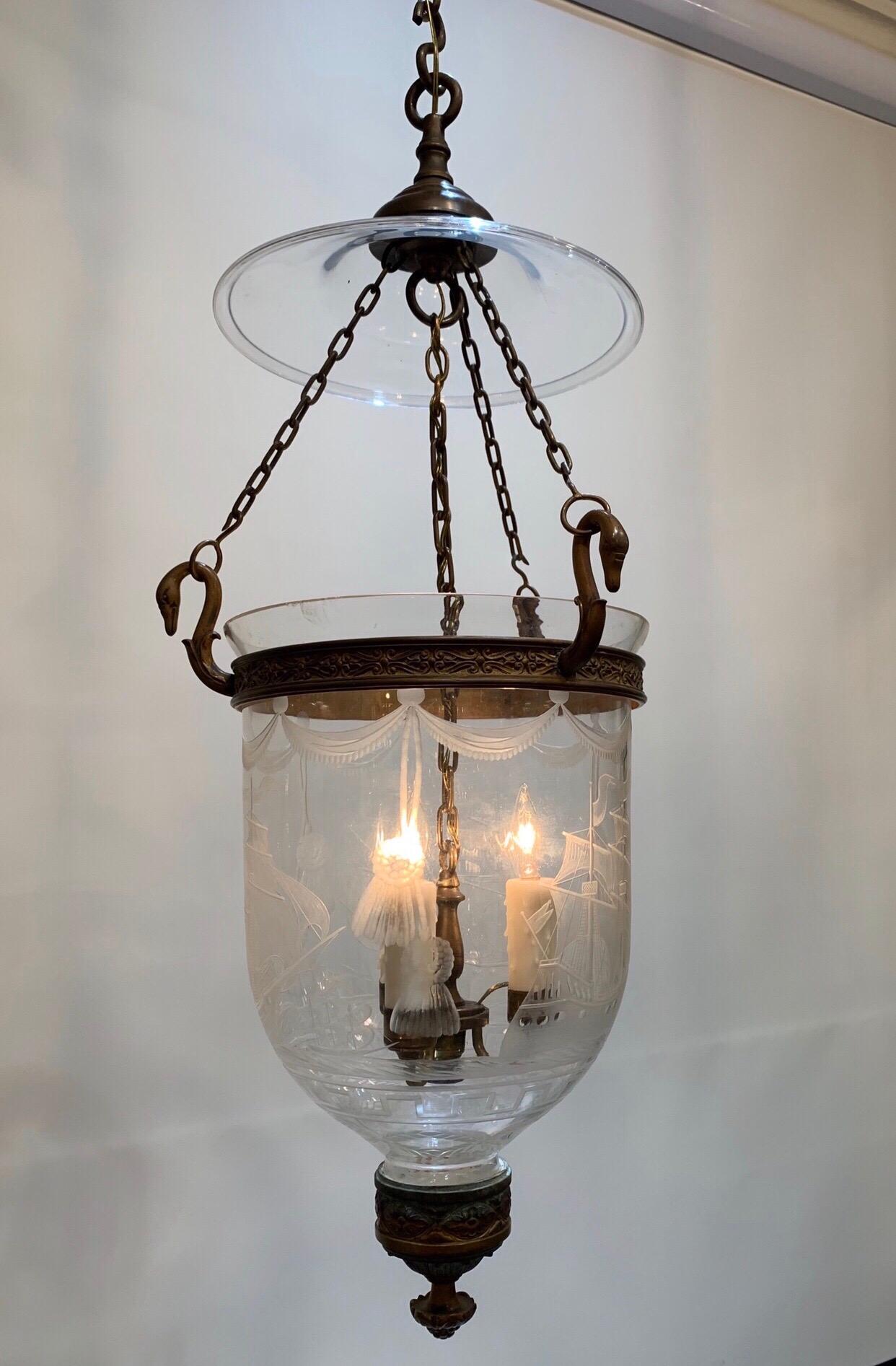 Federal 19th Century American Bell Jar Lantern Etched with Full Rigged Ships