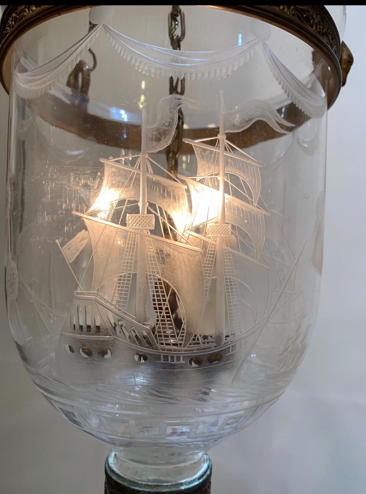 19th Century American Bell Jar Lantern Etched with Full Rigged Ships In Good Condition In Charleston, SC