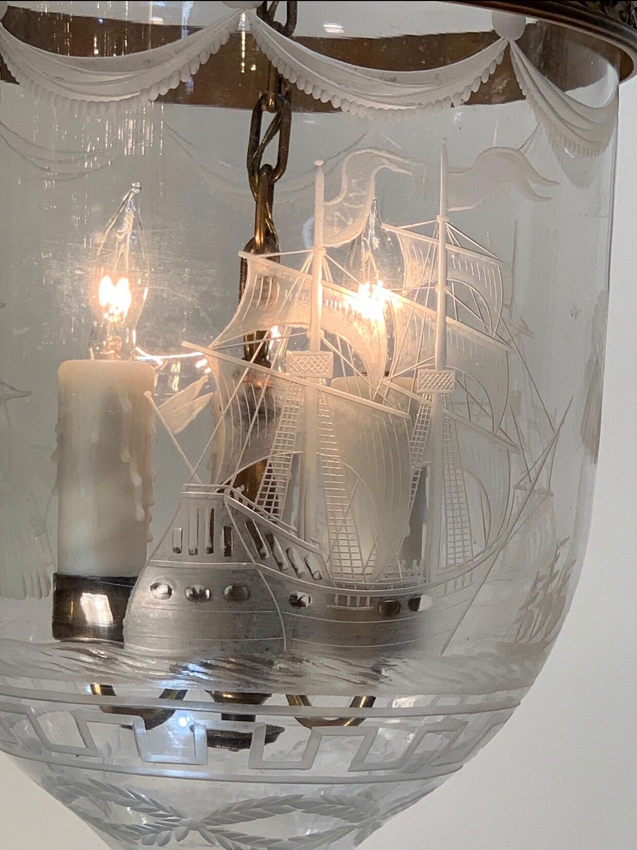 19th Century American Bell Jar Lantern Etched with Full Rigged Ships 2