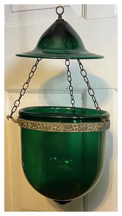 19th Century American Federal Emerald Green Blown Glass Bell Jar Hall Lantern