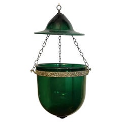 19th Century American Federal Emerald Green Blown Glass Bell Jar Hall Lantern
