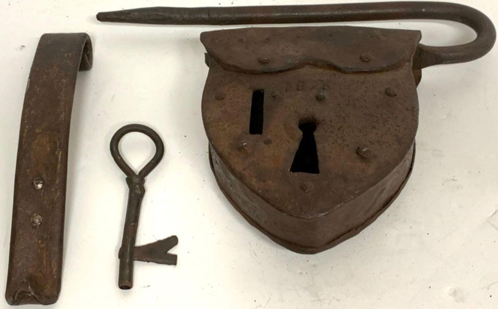 19th Century American Folk Art Heart Shaped Iron Pad Lock & Key, Dated 1875 For Sale 1