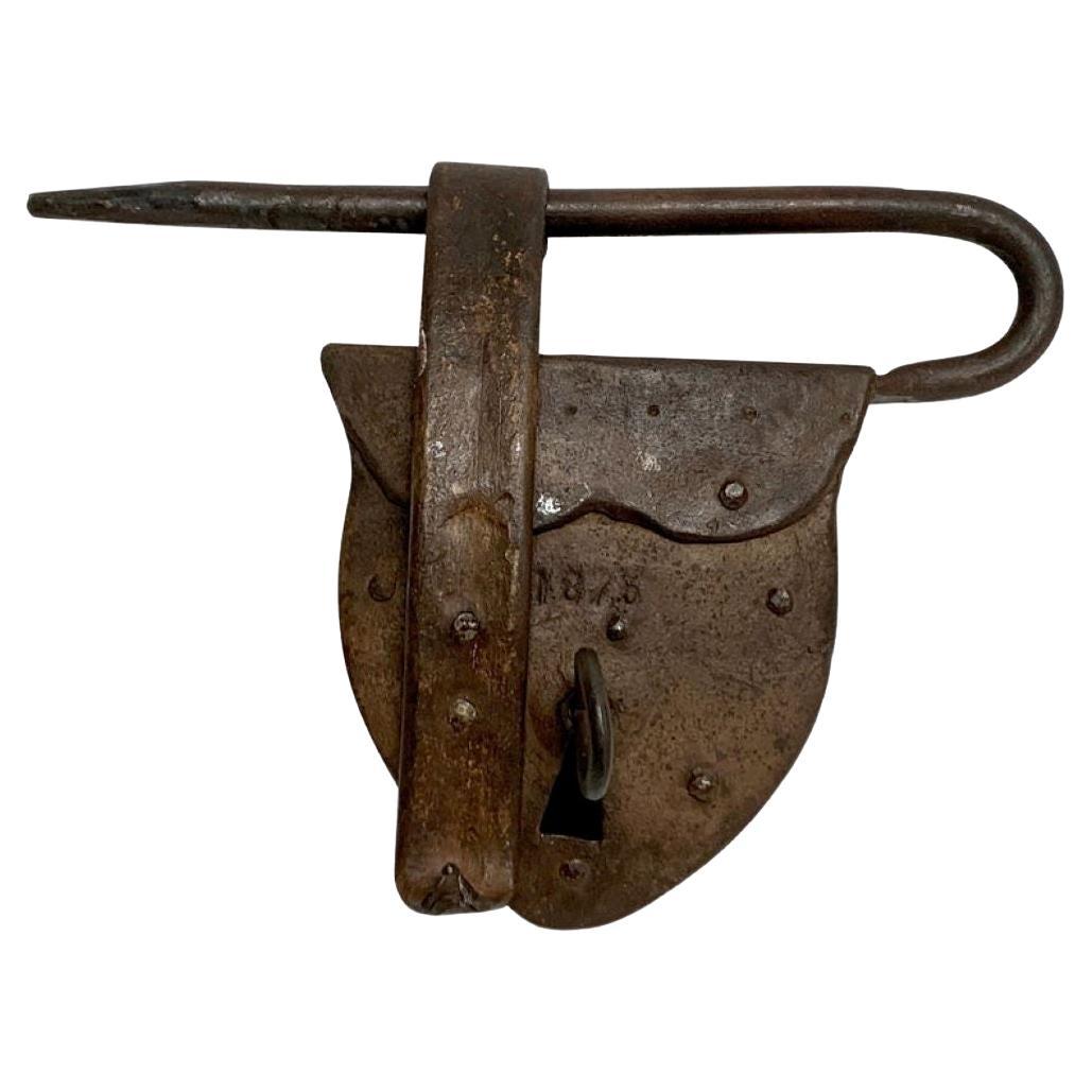 19th Century American Folk Art Heart Shaped Iron Pad Lock & Key, Dated 1875 For Sale