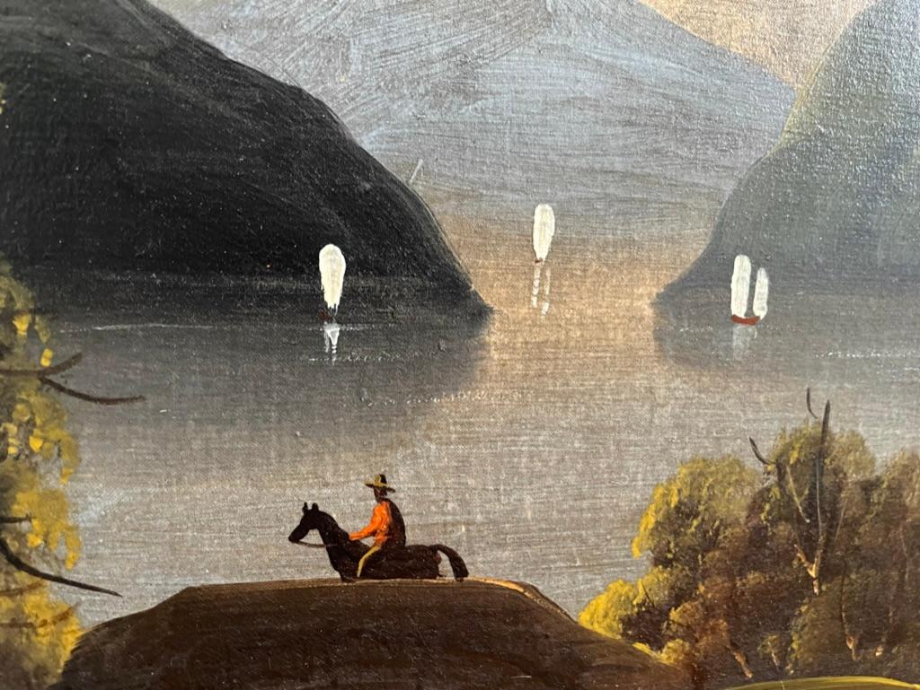 Peinture à l'huile d'art populaire américain du XIXe siècle - Paysage - Voiliers sur rivière  en vente 4