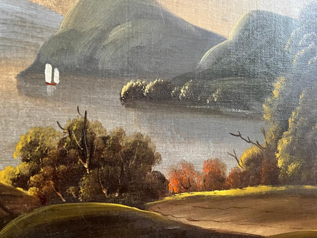 19th Century American Folk Art Oil Painting Landscape Sailboats On River  For Sale 4
