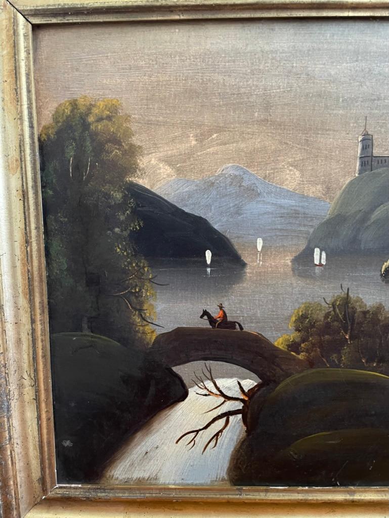 Artisanat Peinture à l'huile d'art populaire américain du XIXe siècle - Paysage - Voiliers sur rivière  en vente