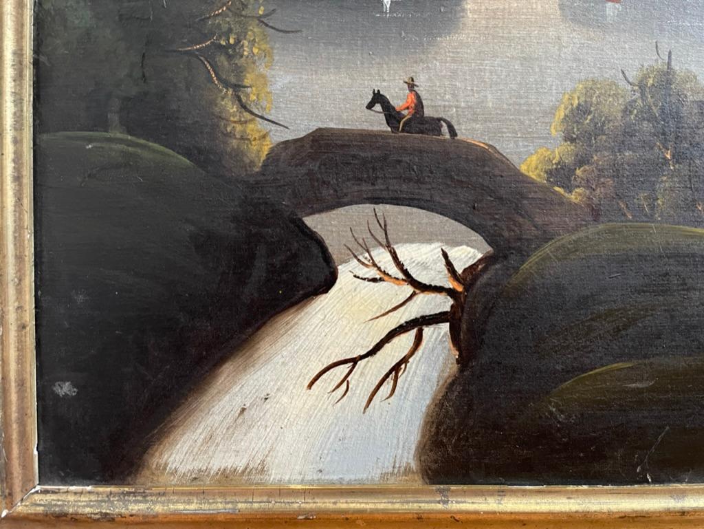 Pintura al óleo de arte popular americano del siglo XIX Paisaje Veleros en el río en Bueno estado para la venta en Stamford, CT