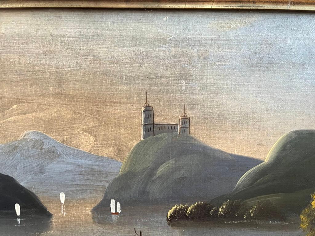 Toile Peinture à l'huile d'art populaire américain du XIXe siècle - Paysage - Voiliers sur rivière  en vente