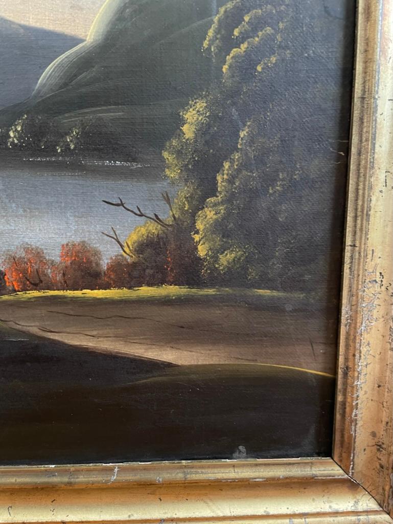 Peinture à l'huile d'art populaire américain du XIXe siècle - Paysage - Voiliers sur rivière  en vente 1