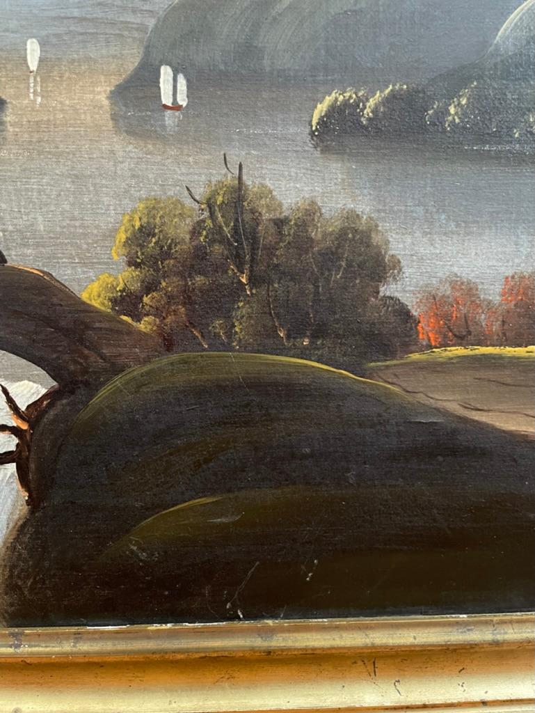 Amerikanische Volkskunst des 19. Jahrhunderts, Ölgemälde, Landschaft, Segelboote auf Fluss  im Angebot 3