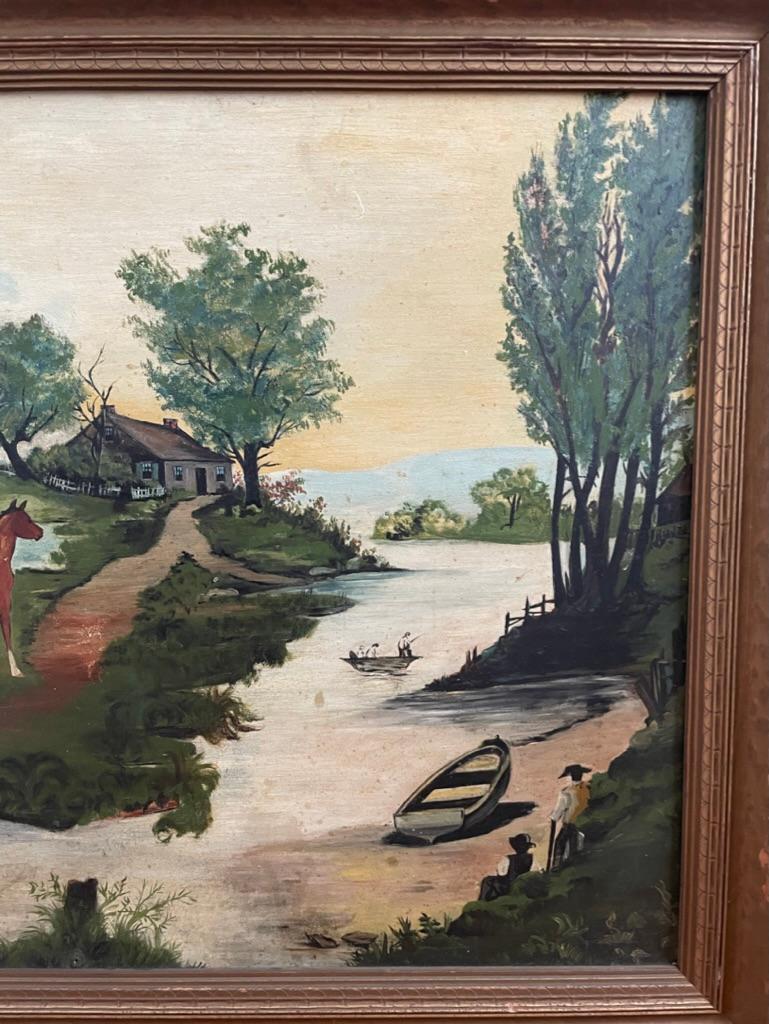 Peinture à l'huile d'art populaire américain du XIXe siècle - Paysage avec chevaux et rivière en vente 5