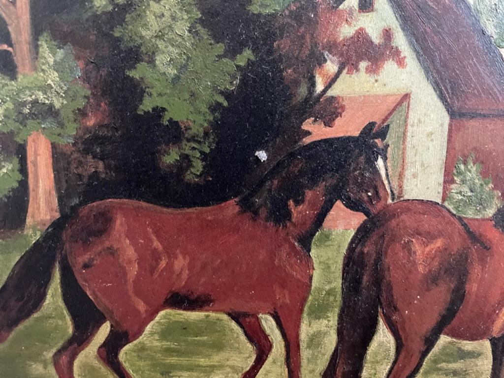 Peinture à l'huile d'art populaire américain du XIXe siècle - Paysage avec chevaux et rivière en vente 7