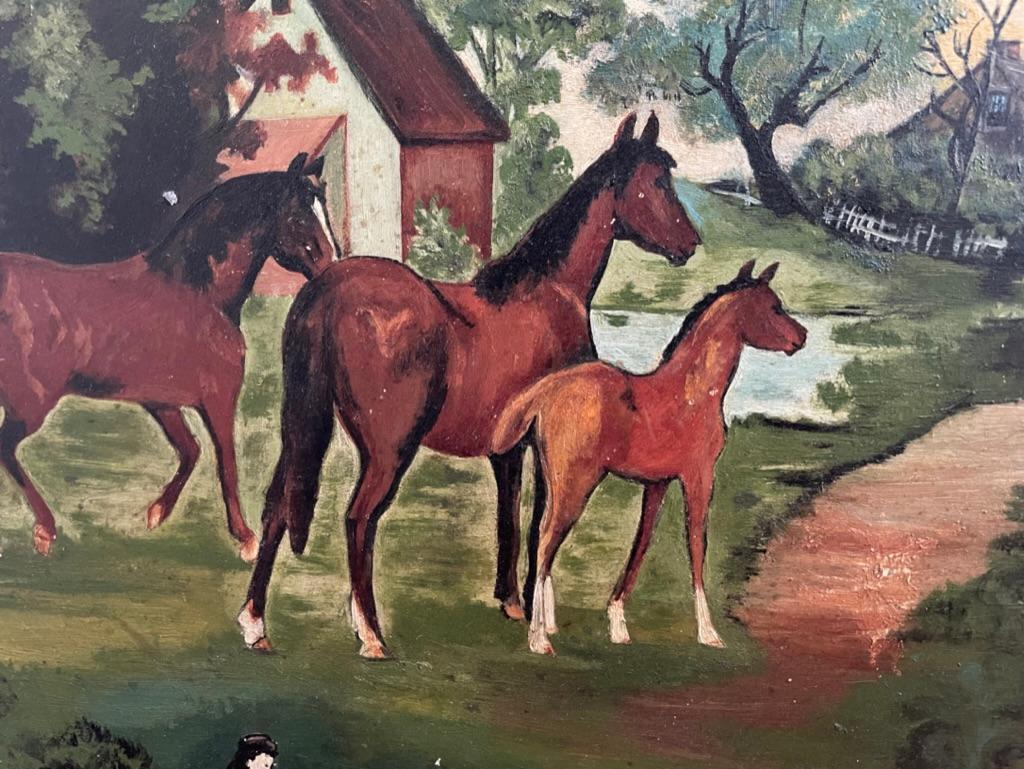 Peinture à l'huile d'art populaire américain du XIXe siècle - Paysage avec chevaux et rivière en vente 10