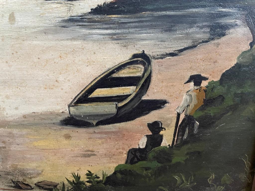 Peinture à l'huile d'art populaire américain du XIXe siècle - Paysage avec chevaux et rivière en vente 14