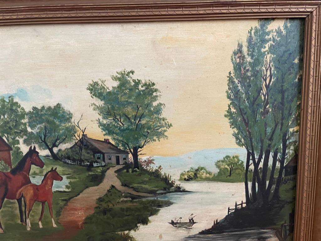 Painted 19th Century American Folk Art Oil Painting Landscape with Horses and River