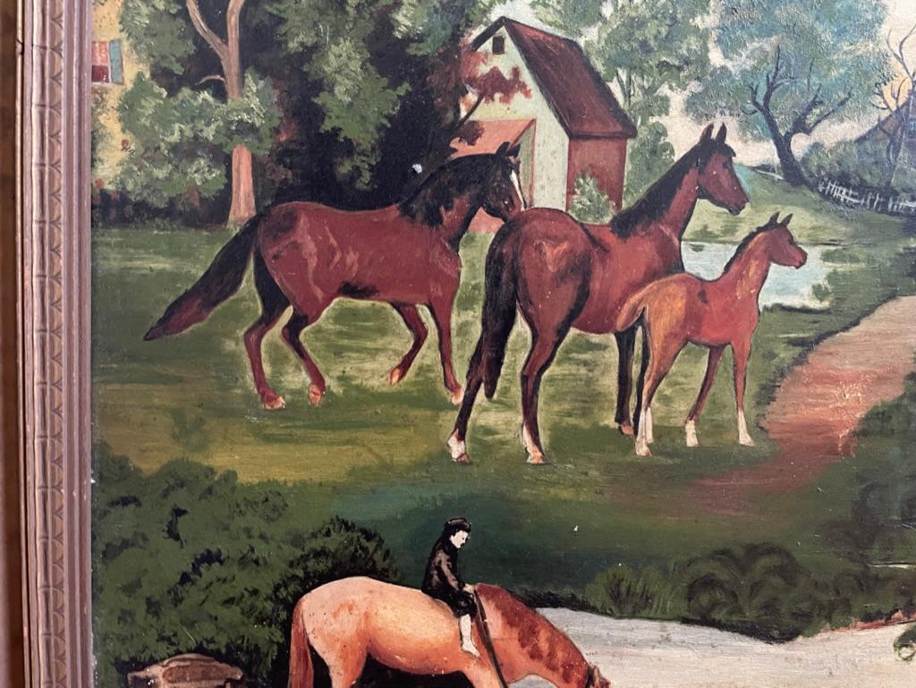 Américain Peinture à l'huile d'art populaire américain du XIXe siècle - Paysage avec chevaux et rivière en vente