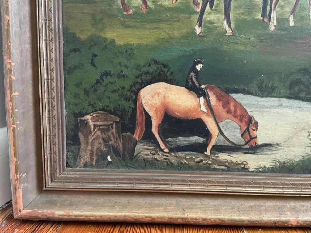 Peinture à l'huile d'art populaire américain du XIXe siècle - Paysage avec chevaux et rivière Bon état - En vente à Stamford, CT