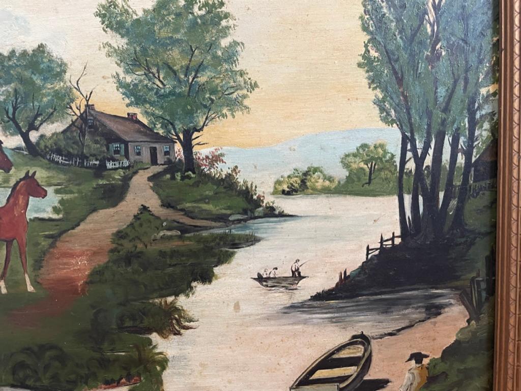 Peinture à l'huile d'art populaire américain du XIXe siècle - Paysage avec chevaux et rivière en vente 1