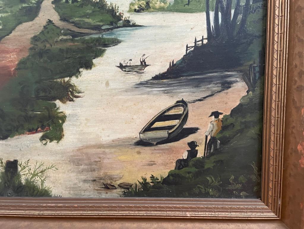 Peinture à l'huile d'art populaire américain du XIXe siècle - Paysage avec chevaux et rivière en vente 2