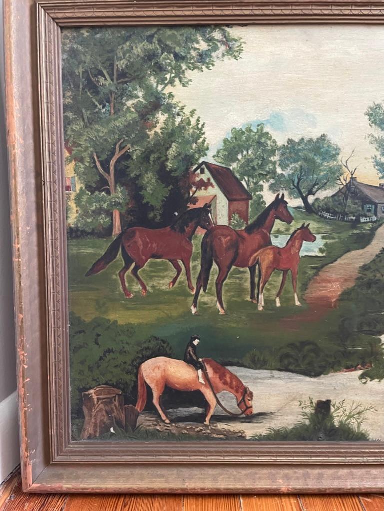 Peinture à l'huile d'art populaire américain du XIXe siècle - Paysage avec chevaux et rivière en vente 3