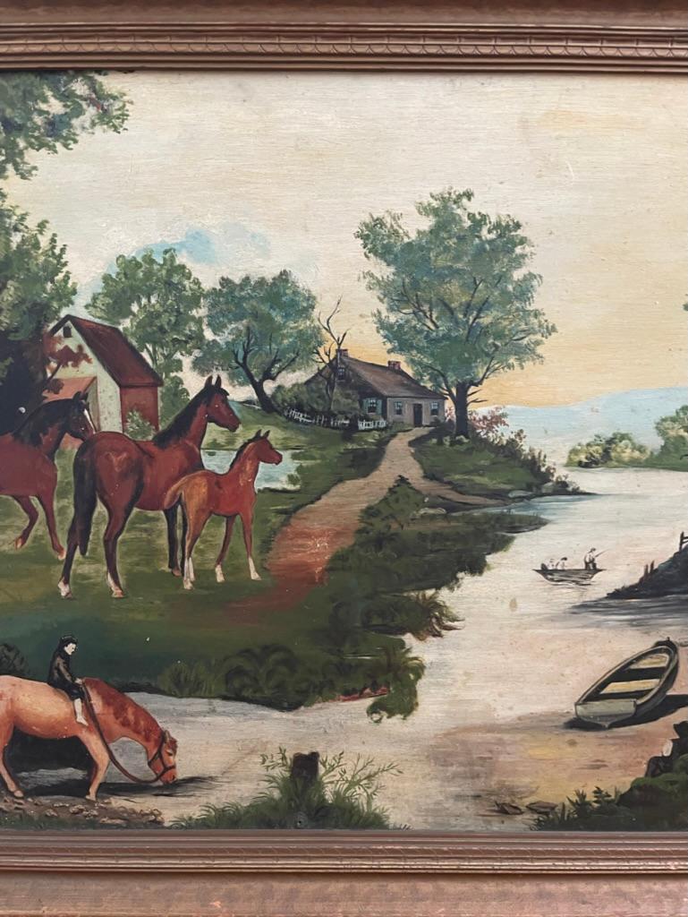 Peinture à l'huile d'art populaire américain du XIXe siècle - Paysage avec chevaux et rivière en vente 4