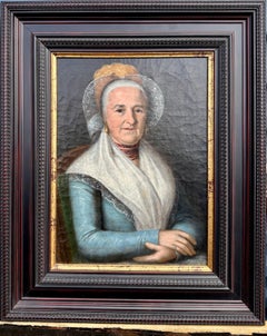 19th century American Folk Art of a Seated Lady in her Sunday best clothes