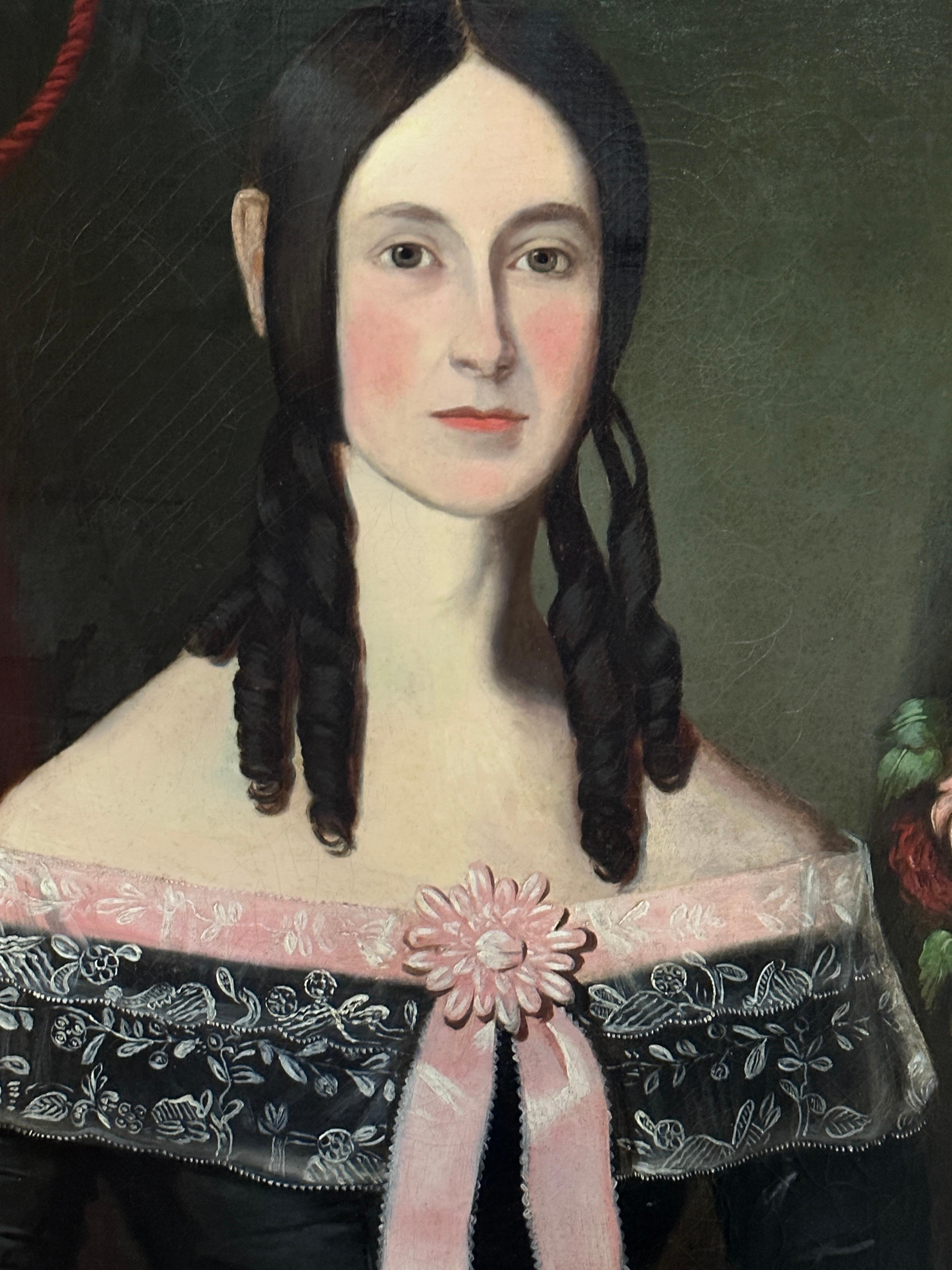 19th century American Folk Art portrait of a young lady holding a flower For Sale 3
