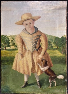 Mid 19th Century American Folk Art Portrait of Child with Dog in Landscape, Oil