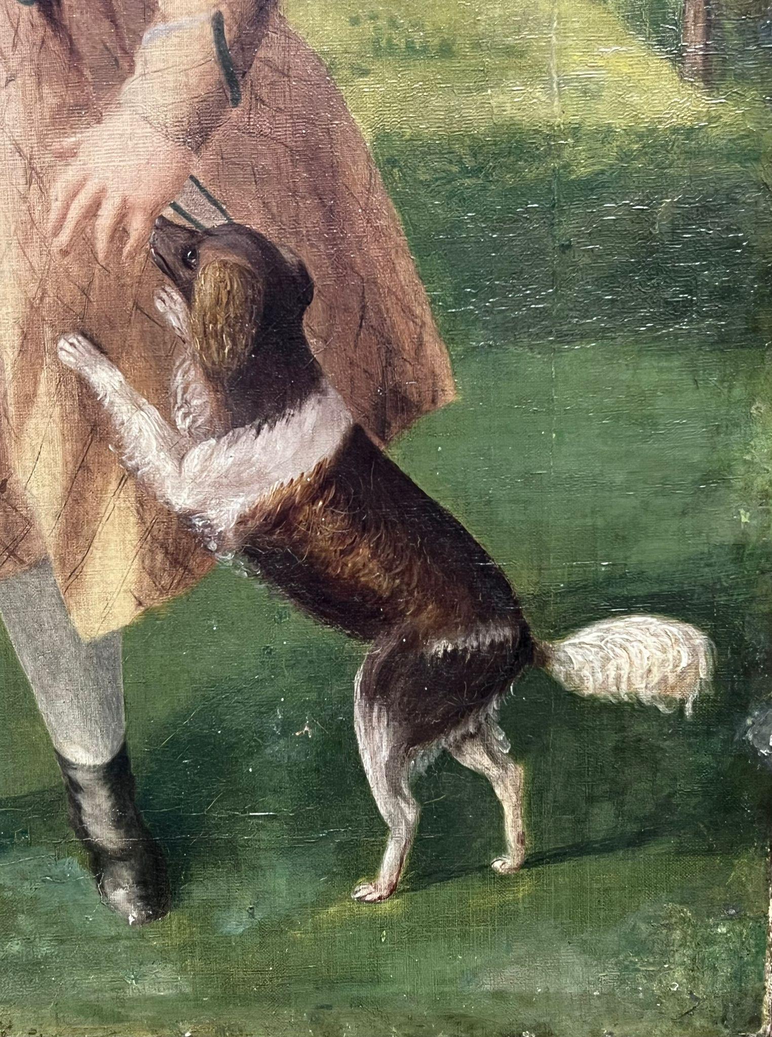 Portrait d'enfant avec chien dans un paysage, huile américaine du milieu du 19e siècle - Artisanat Painting par 19th century American Folk Art
