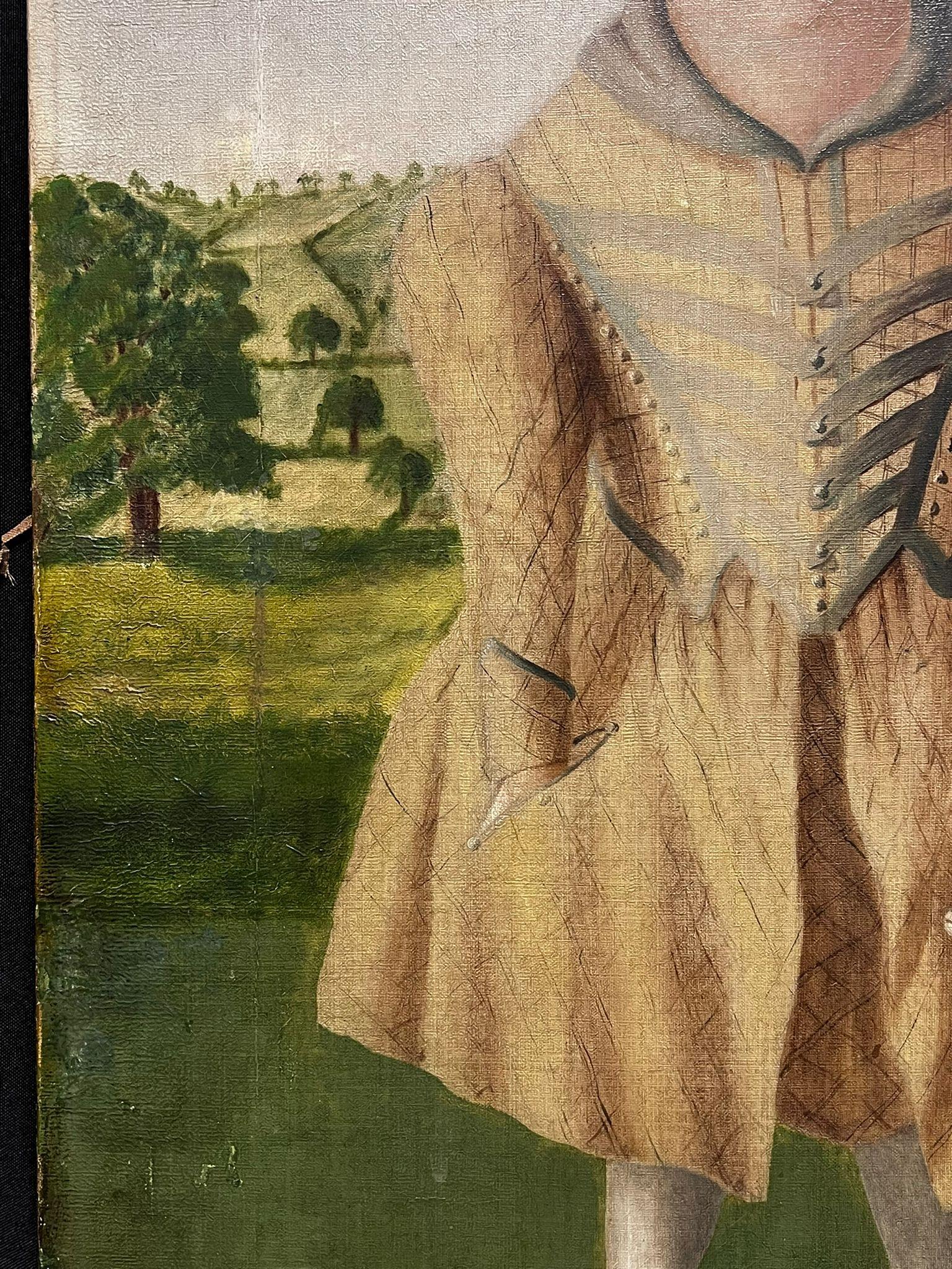 Artistics/ School : École américaine, milieu du 19e siècle

Titre : Portrait d'un enfant vêtu d'un chapeau et d'un habit du dimanche, avec un petit chien dans un paysage. 

Médium : huile sur toile, non encadrée

Peinture : 25.5 x 18