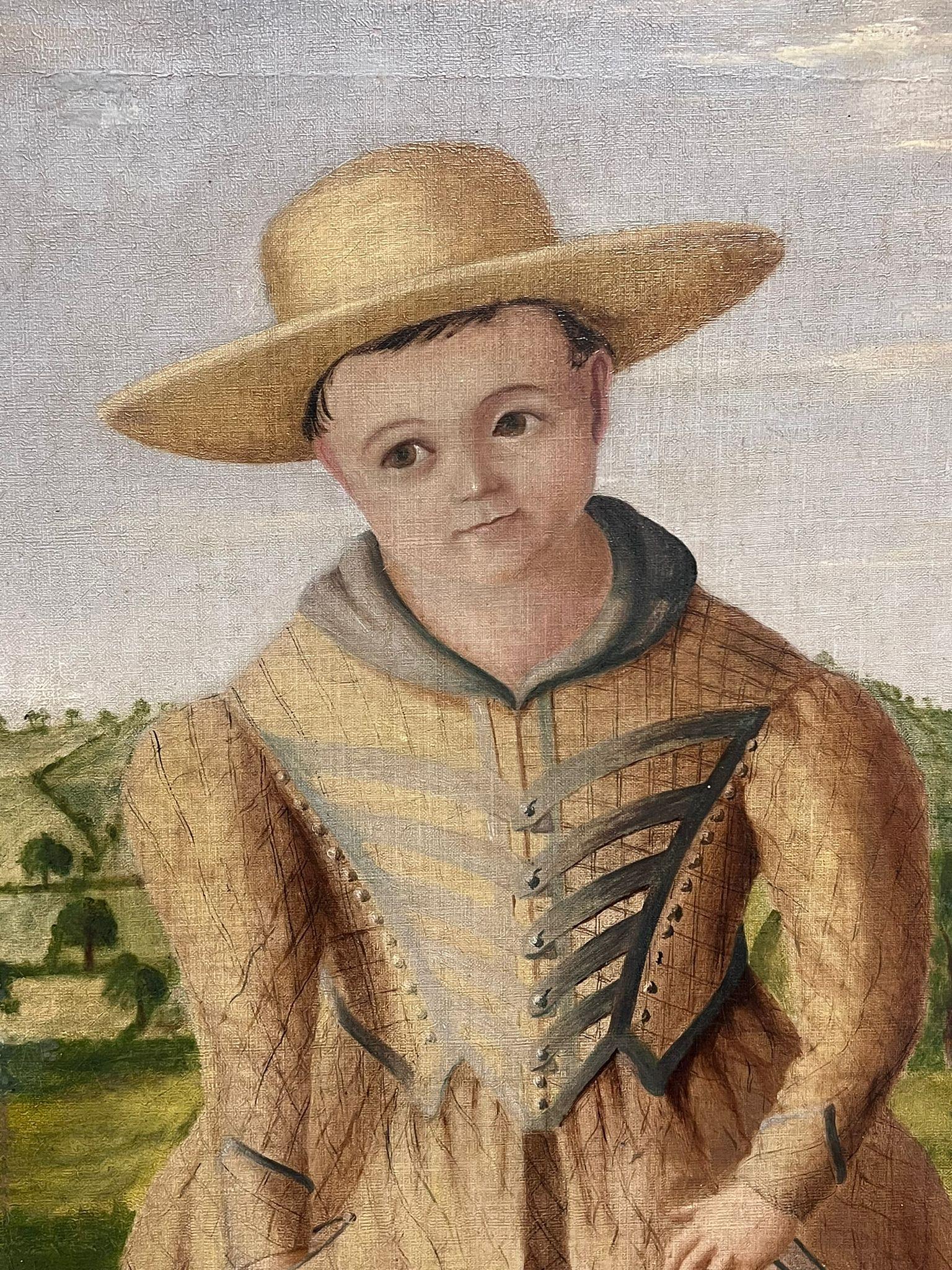 Artist/ School: American School, mid 19th century

Title: Portrait of a Child dressed in a hat and their 'Sunday best', with small pet dog in a landscape. 

Medium: oil on canvas, unframed

Painting: 25.5 x 18 inches

Provenance: private collection,