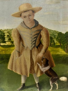 Mid 19th Century American Folk Art Portrait of Child with Dog in Landscape, Oil