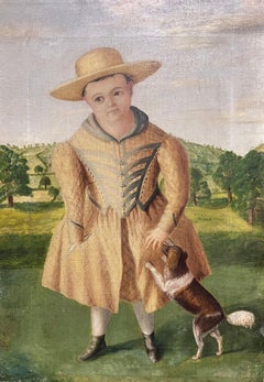 Antique Mid 19th Century American Folk Art Portrait of Child with Dog in Landscape, Oil