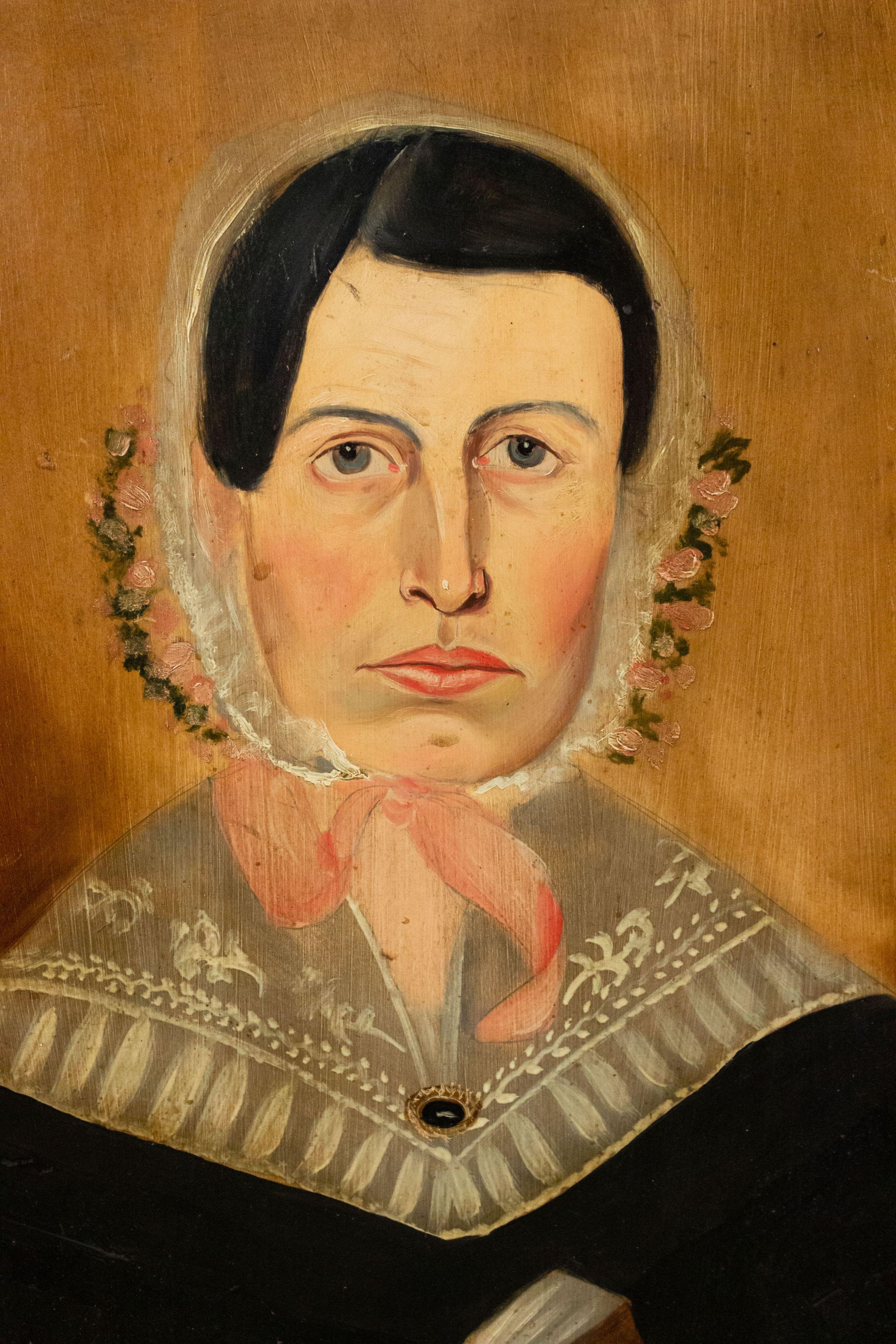19th Century American Folk Art Pair of Male and Female Portraits For Sale 2